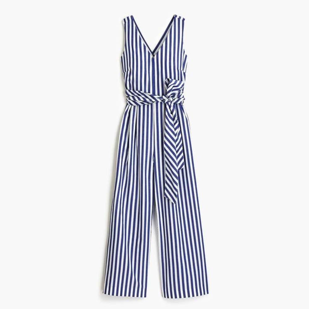 J. Crew Blue and White Striped Jumpsuit with V-Neck and Wide Legs